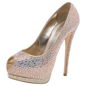 Pre Owned Giuseppe Zanotti Multicolor Leather Crystal Embellished Sharon Peep Toe Platform Pumps Size 37.5