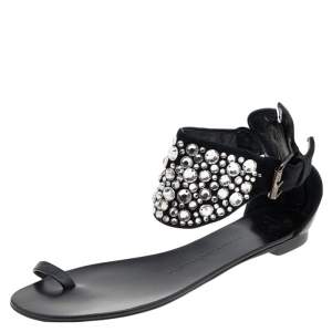 Giuseppe Zanotti Black Satin And Leather Embellished Ankle Wrap Flat Sandals Size 37