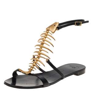 Pre Owned Giuseppe Zanotti Black Leather Fishbone Flat Sandals Size 37.5