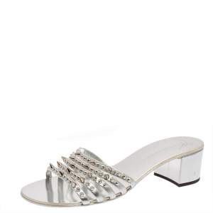 Pre Owned Giuseppe Zanotti Metallic Silver Leather Spikes Strappy Slide Sandals Size 39