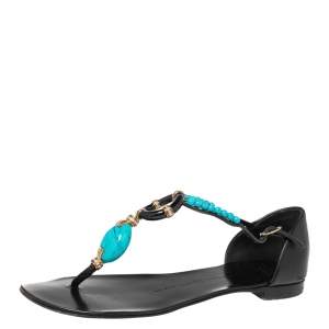 Pre Owned Giuseppe Zanotti Black/Turquoise Leather Beaded Ankle-Strap Flat Thong Sandals Size 36