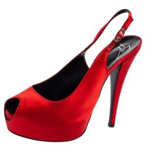 Giuseppe Zanotti Red Satin  Peep Toe Slingback Pumps Size 41