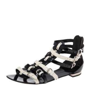 Pre Owned Giuseppe Zanotti Black/White Patent Leather Gladiator Flat Sandals Size 40