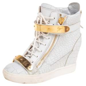 Pre Owned Giuseppe Zanotti Grey Croc Embossed Leather High Top Wedge Sneakers Size 37