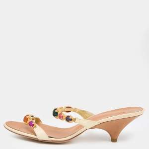 Pre Owned Giuseppe Zanotti Cream Lizard Embossed Leather Embellished Slide Sandals Size 41