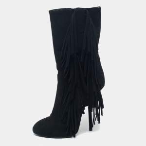 Pre Owned Giuseppe Zanotti Black Suede Fringe Detail Mid-Calf Boots Size 37