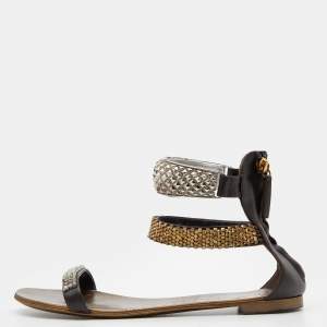 Pre Owned Giuseppe Zanotti Brown Leather Embellished Flat Ankle Cuff Sandals Size 40