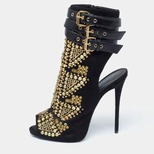 Pre Owned Giuseppe Zanotti Black Suede And Leather Studded Cutout Peep Toe Ankle Boots Size 38