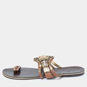 Pre Owned Giuseppe Zanotti Brown Leather Embellished Flat Sandals Size 39