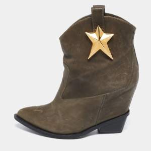 Pre Owned Giuseppe Zanotti Olive Green Nubuck Leather  Star Embellished Pointed Toe Boots Size 37