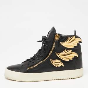Pre Owned Giuseppe Zanotti Black Leather Wings High Top Sneakers Size 39.5