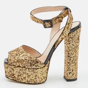 Pre Owned Giuseppe Zanotti Gold Coarse Glitter Ankle Strap Platform Sandals 38