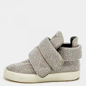 Pre Owned Giuseppe Zanotti Grey Suede Embellished Velcro Strap High Top Sneakers Size 41