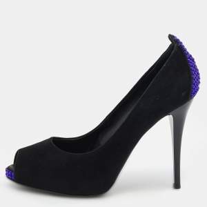 Giuseppe Zanotti Black Suede Embellished Peep Toe Pumps Size 36