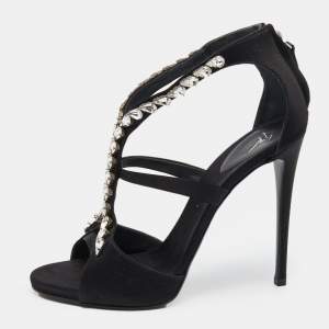 Pre Owned Giuseppe Zanotti Black Satin Crystal Embellished Strappy Sandals Size 37