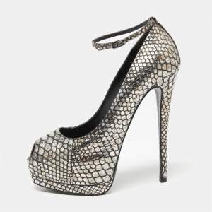 Pre Owned Giuseppe Zanotti Tri-Color Python Effect Leather Peep-Toe Ankle-Strap Pumps Size 37.5