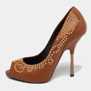  Giuseppe Zanotti Tan Studded Leather Peep-Toe Pumps Size 37.5