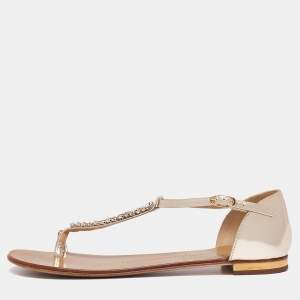 Pre Owned Giuseppe Zanotti Silver Leather T Strap Crystal Embellished Flat Sandals Size 38