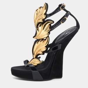 Pre Owned Giuseppe Zanotti Black Patent Leather And Suede Argent Metal Wing Embellished Strappy Sandals Size 38