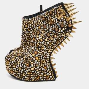 Pre Owned Giuseppe Zanotti Black Suede Crystal Embellished Spike Booties Size 38