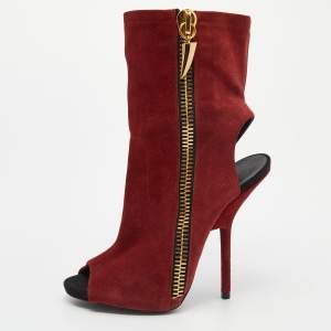 Pre Owned Giuseppe Zanotti Dark Red Suede Alien Peep Toe Cut Out Ankle Boots Size 38