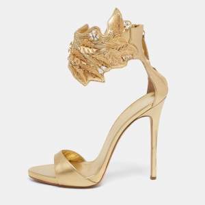 Pre Owned Giuseppe Zanotti Gold Leather Crystal Embellished Leaf Ankle Cuff Sandals Size 40