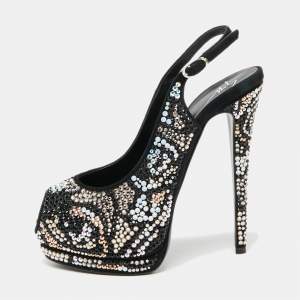 Pre Owned Giuseppe Zanotti Black Suede Crystal Embellished Slingback Platform Sandals Size 37