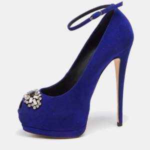 Pre Owned Giuseppe Zanotti Blue Suede Crystal Embellished Ankle Strap Peep Toe Platform Pumps Size 37