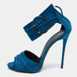 Pre Owned Giuseppe Zanotti Blue Suede Open Toe Ankle Cuff Sandals Size 40