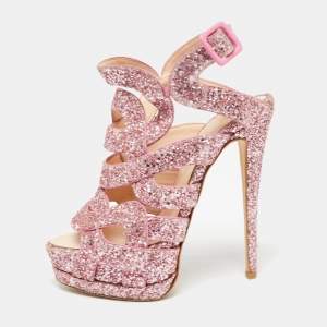 Pre Owned Giuseppe Zanotti Pink Glitter Cut Out Caged Platform Sandals Size 37