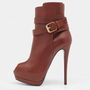 Pre Owned Giuseppe Zanotti Brown Leather Peep Toe Platform Ankle Length Boots Size 36