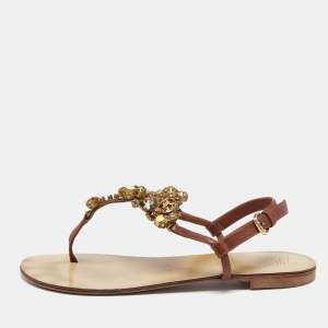Giuseppe Zanotti Brown Leather Crystal Embellished Thong Flat Sandals Size 37