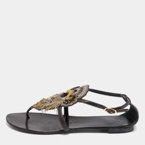 Pre Owned Giuseppe Zanotti Dark Brown Leather Embellished Applique Thong Flats Size 37