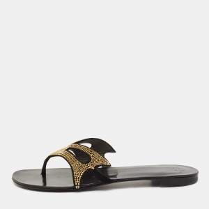 Pre Owned Giuseppe Zanotti Black Studded Suede Flat Thong Slides Size 38