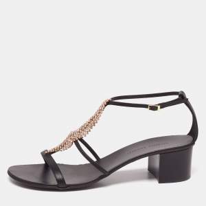 Pre Owned Giuseppe Zanotti Black Leather Crystal Embellished Ankle-Strap Sandals Size 39.5