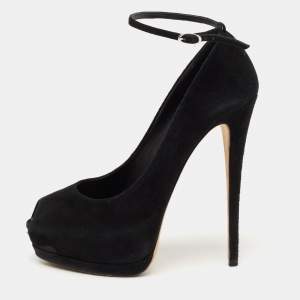 Pre Owned Giuseppe Zanotti Black Suede Peep-Toe Ankle-Strap Platform Pumps Size 39
