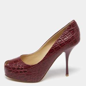 Pre Owned Giuseppe Zanotti Burgundy Croc Embossed Leather Sharon Platform Peep Toe Pumps Size 39