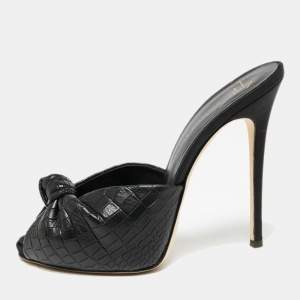 Pre Owned Giuseppe Zanotti Black Croc Embossed Leather Knotted Slide Sandals Size 38