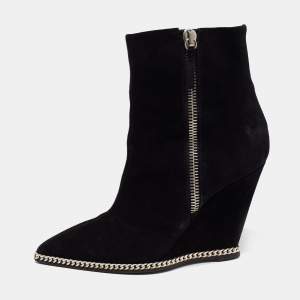 Pre Owned Giuseppe Zanotti Black Suede Jardine Chain Trim Wedge Ankle Boots Size 38
