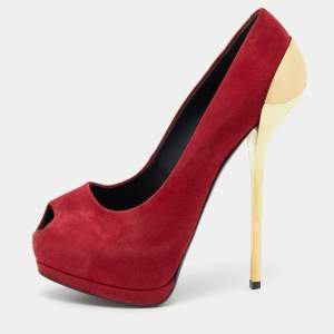 Pre Owned Giuseppe Zanotti Burgundy Suede Sharon Peep Toe Platform Pumps Size 39.5