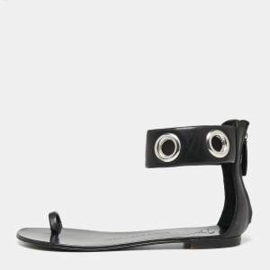 Giuseppe Zanotti Black Leather Eyelet Ankle Cuff Flat Sandals Size 38