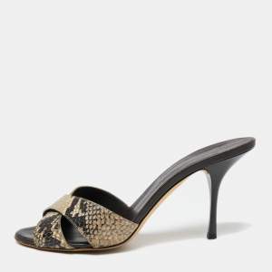 Pre Owned Giuseppe Zanotti Black/Grey Snakeskin Embossed Leather Criss Cross Slide Sandals Size 39