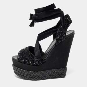Pre Owned Giuseppe Zanotti Black Crystal Embellished Suede Espadrille Platform Wedge Ankle Tie Sandals Size 40