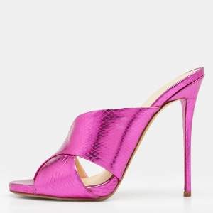 Pre Owned Giuseppe Zanotti Metallic Pink Snakeskin Embossed Leather Cross Strap Slide Sandals Size 38