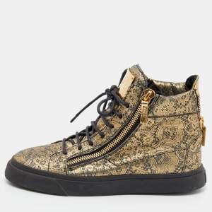 Pre Owned Giuseppe Zanotti Metallic Gold/Grey Printed Leather Double Zipper High Top Sneakers Size 38 