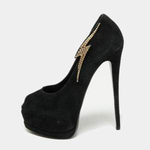 Giuseppe Zanotti Black Suede Crystal Embellished Peep Toe Pumps Size 39