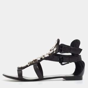 Pre Owned Giuseppe Zanotti Black Leather Crystal Embellished Ankle Strap Flat Sandals Size 38