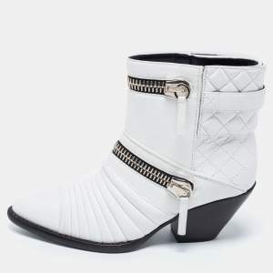 Pre Owned Giuseppe Zanotti White Quilted Leather Biker Ankle Boots Size 37.5