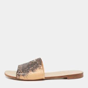 Pre Owned Giuseppe Zanotti Brown/Beige Lizard Embossed Leather Flat Sandals Size 38