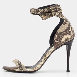 Pre Owned Giuseppe Zanotti Beige/Brown Snakeskin Embossed Leather Portofino Ankle Strap Sandals Size 36